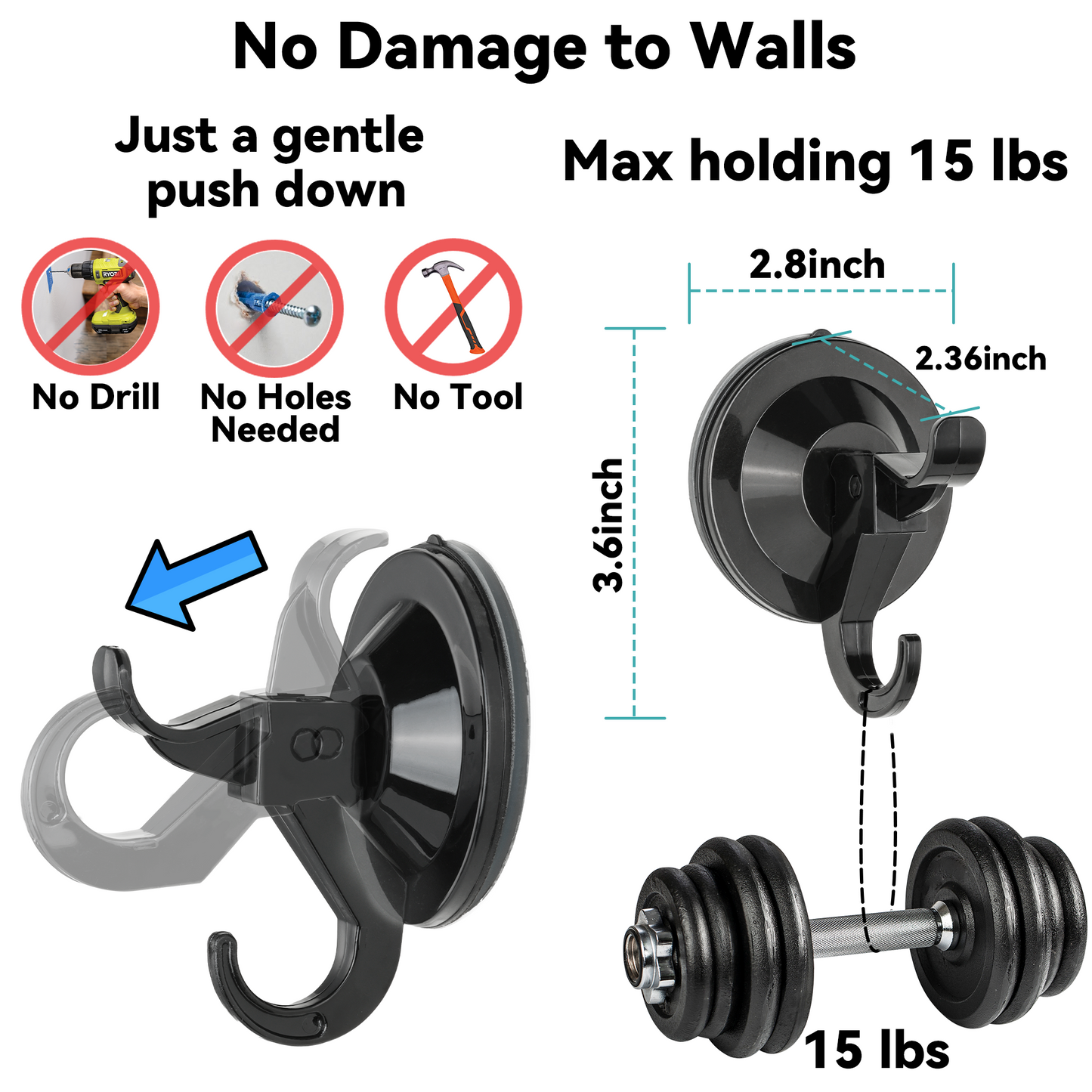 5 Pack Multi-purpose No Damage Wall Hooks, All Surface Attach Suction Cup or Adhesive Hanging Hanger Home Accessories Storage Organizer Holder for Bathroom, Kitchen, Cabinet, Shower, Door, Towel, Coat