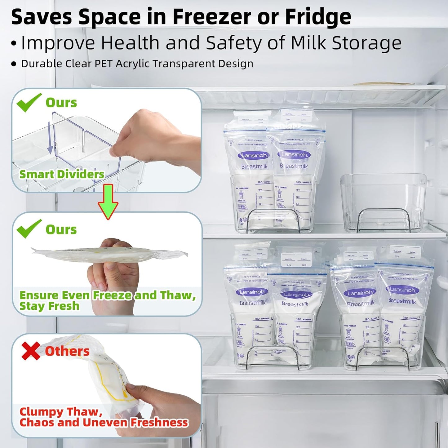 4 Pack Space Save Breast Milk Freezer Storage Organizer, Clear Plastic Breastmilk Bags Refrigerator Container Tray, Fridge Frozen Breast Feeding Freeze Milk Bins