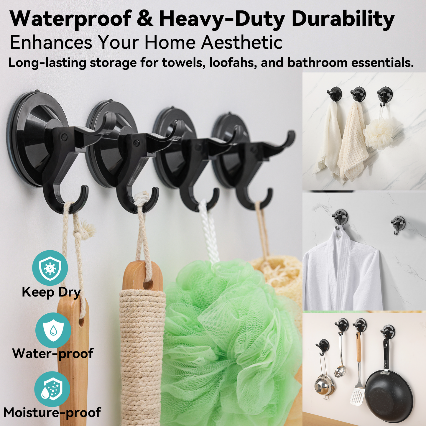 5 Pack Multi-purpose No Damage Wall Hooks, All Surface Attach Suction Cup or Adhesive Hanging Hanger Home Accessories Storage Organizer Holder for Bathroom, Kitchen, Cabinet, Shower, Door, Towel, Coat