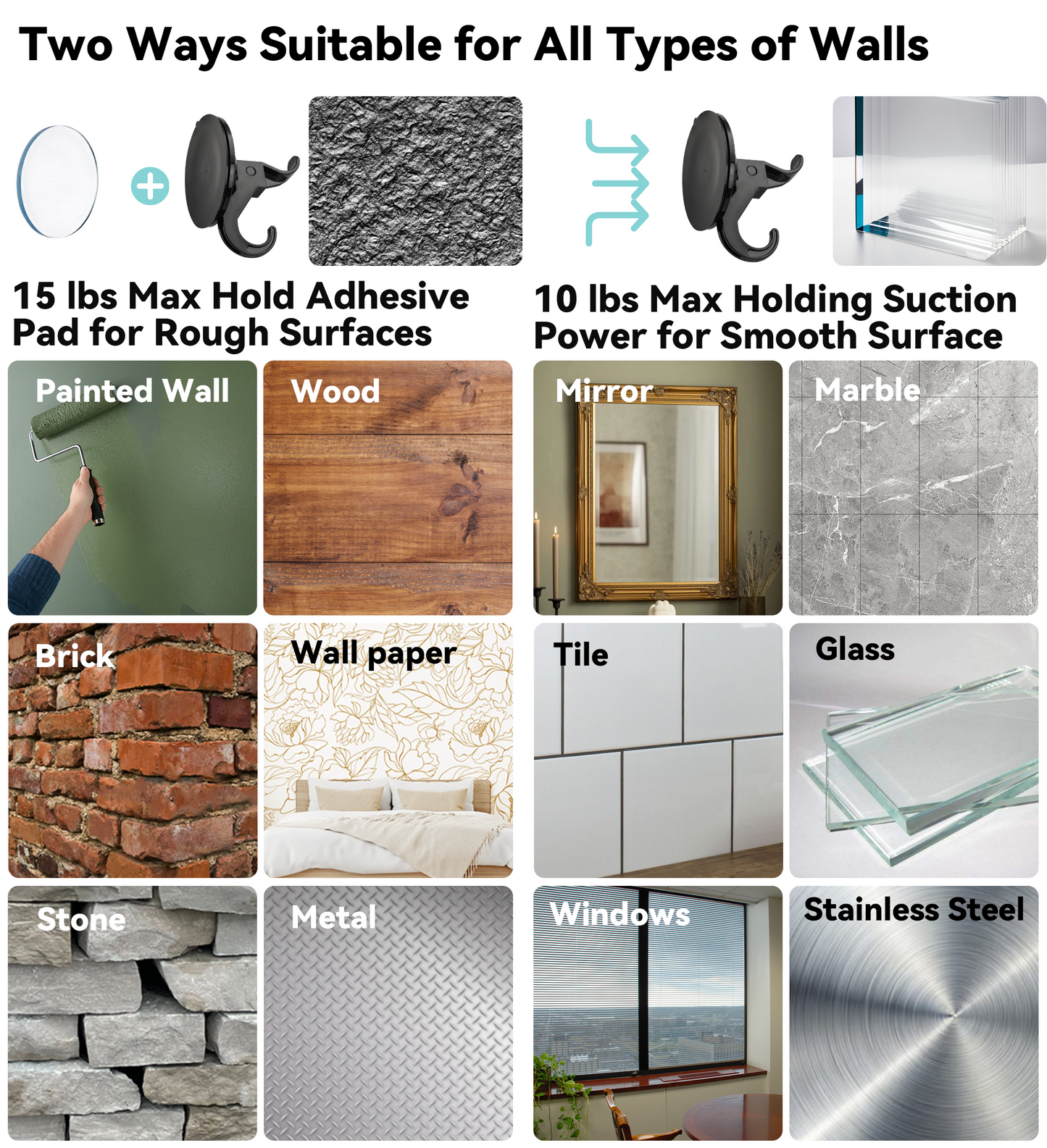 5 Pack Multi-purpose No Damage Wall Hooks, All Surface Attach Suction Cup or Adhesive Hanging Hanger Home Accessories Storage Organizer Holder for Bathroom, Kitchen, Cabinet, Shower, Door, Towel, Coat