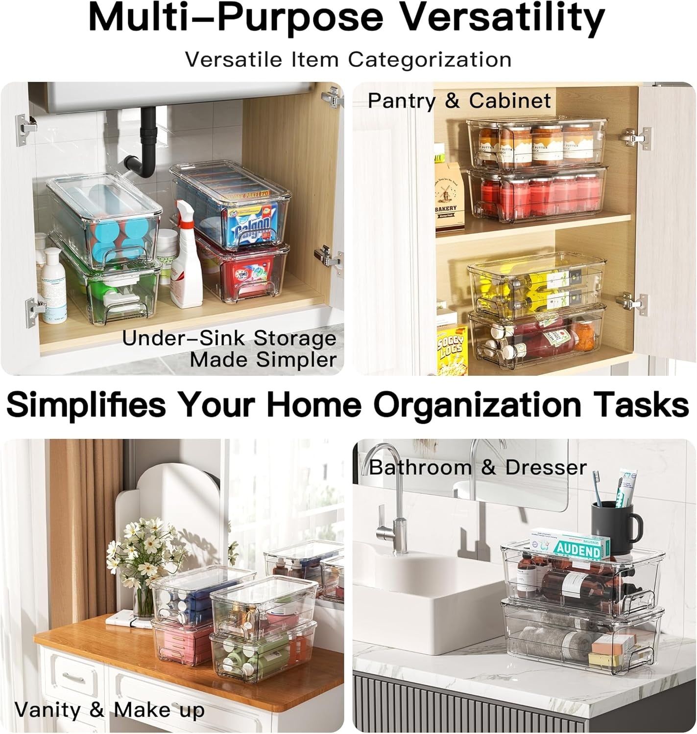 Multi-Functionality 4 Pack Stackable Pull Out Storage Organizer, Clear Acrylic Drawers Container for Bathroom Accessories, Cosmetic Makeup, Counter Kitchen Pantry Cabinet, Home Closet Organization