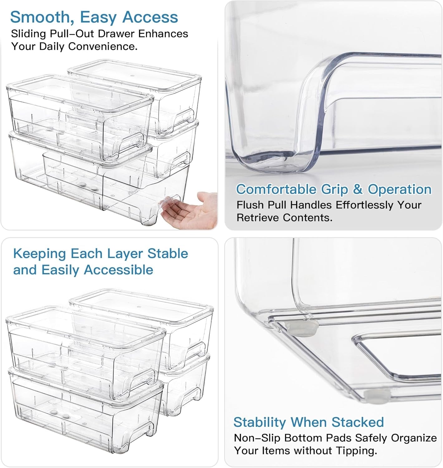 Multi-Functionality 4 Pack Stackable Pull Out Storage Organizer, Clear Acrylic Drawers Container for Bathroom Accessories, Cosmetic Makeup, Counter Kitchen Pantry Cabinet, Home Closet Organization