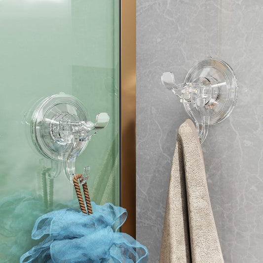 5-Pack No Damage Easy Setup Home Organization Hooks, Versatility Suction Cup and Adhesive Pads Dual Hooks Design Wall Storage Hanger Holder for Shower, Bathroom, Door, Cabinet, Kitchen
