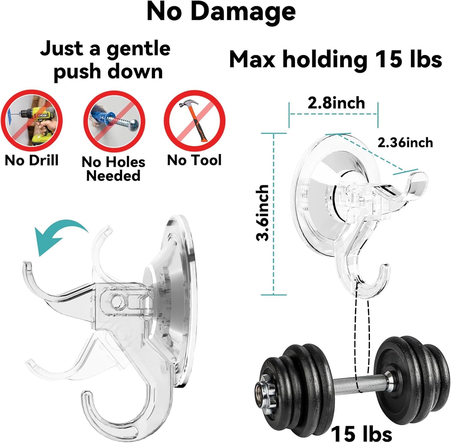 5-Pack No Damage Easy Setup Home Organization Hooks, Versatility Suction Cup and Adhesive Pads Dual Hooks Design Wall Storage Hanger Holder for Shower, Bathroom, Door, Cabinet, Kitchen