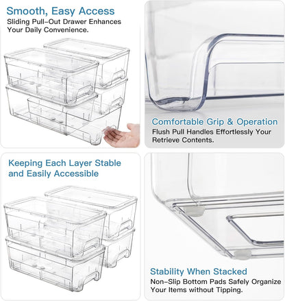 Multi-Functionality 4 Pack Stackable Pull Out Storage Organizer, Clear Acrylic Drawers Container for Bathroom Accessories, Cosmetic Makeup, Counter Kitchen Pantry Cabinet, Home Closet Organization